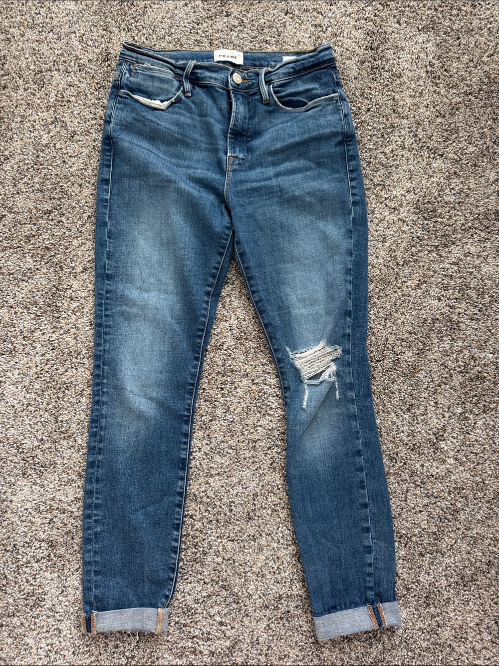 Frame Denim Boyfriend Jeans in Medium Blue with Distressed Knee